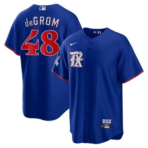 Men's Texas Rangers #48 Jacob DeGrom Royal 2023 City Connect Stitched Baseball Jersey